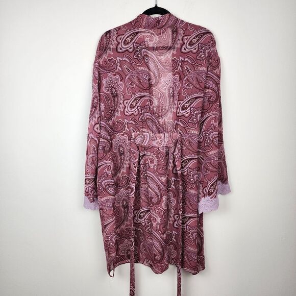 Valerie Stevens Robe Mauve Chiffon Paisley Print Lace Accent Cuffs Size L - Picture 5 of 15